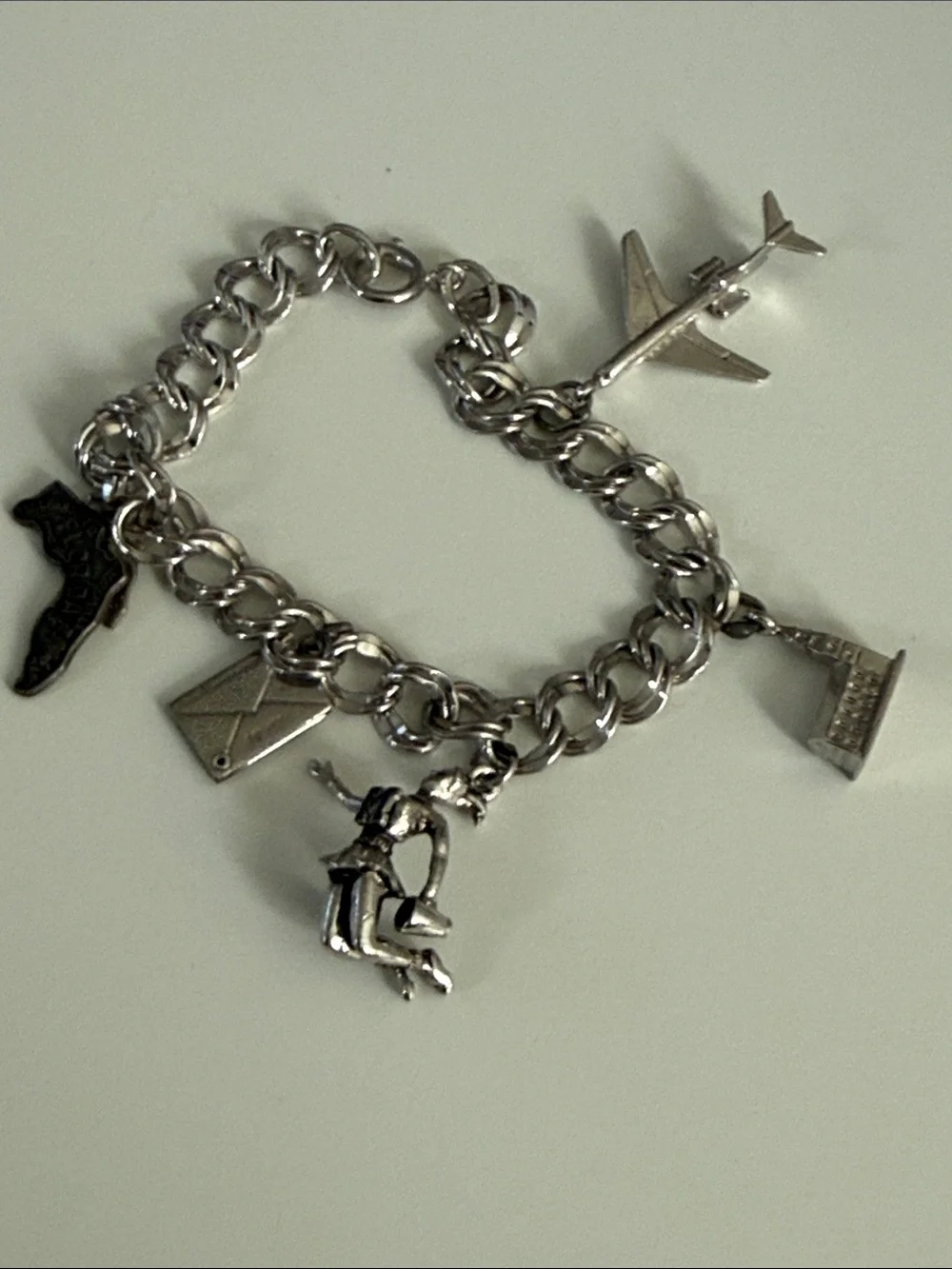 Vintage Sterling Silver Charm Travel Bracelet Florida cheerleader airplane